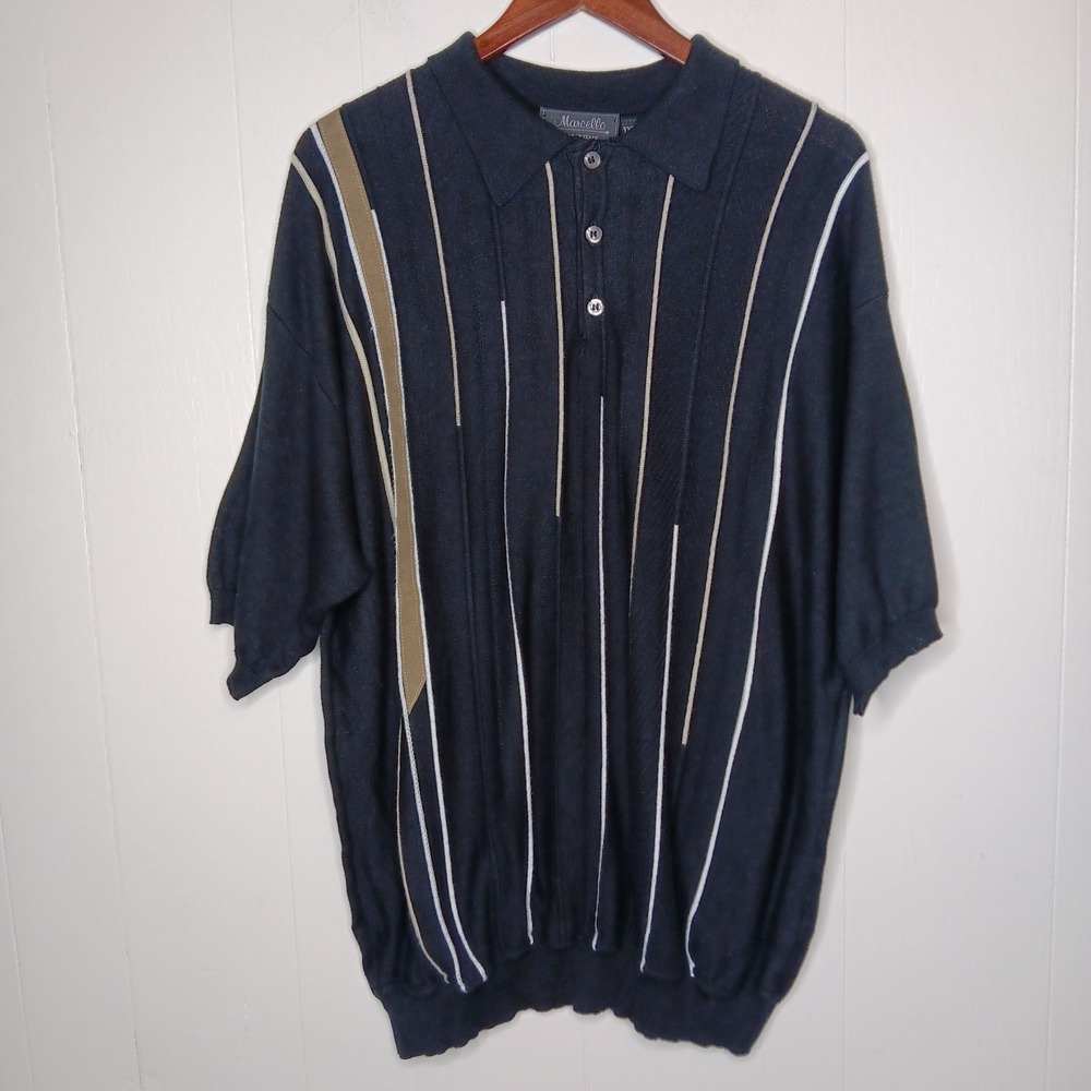 Marcello Knit Polo Shirt Mens Size 2XL Black Striped Short Sleeve Made in Italy